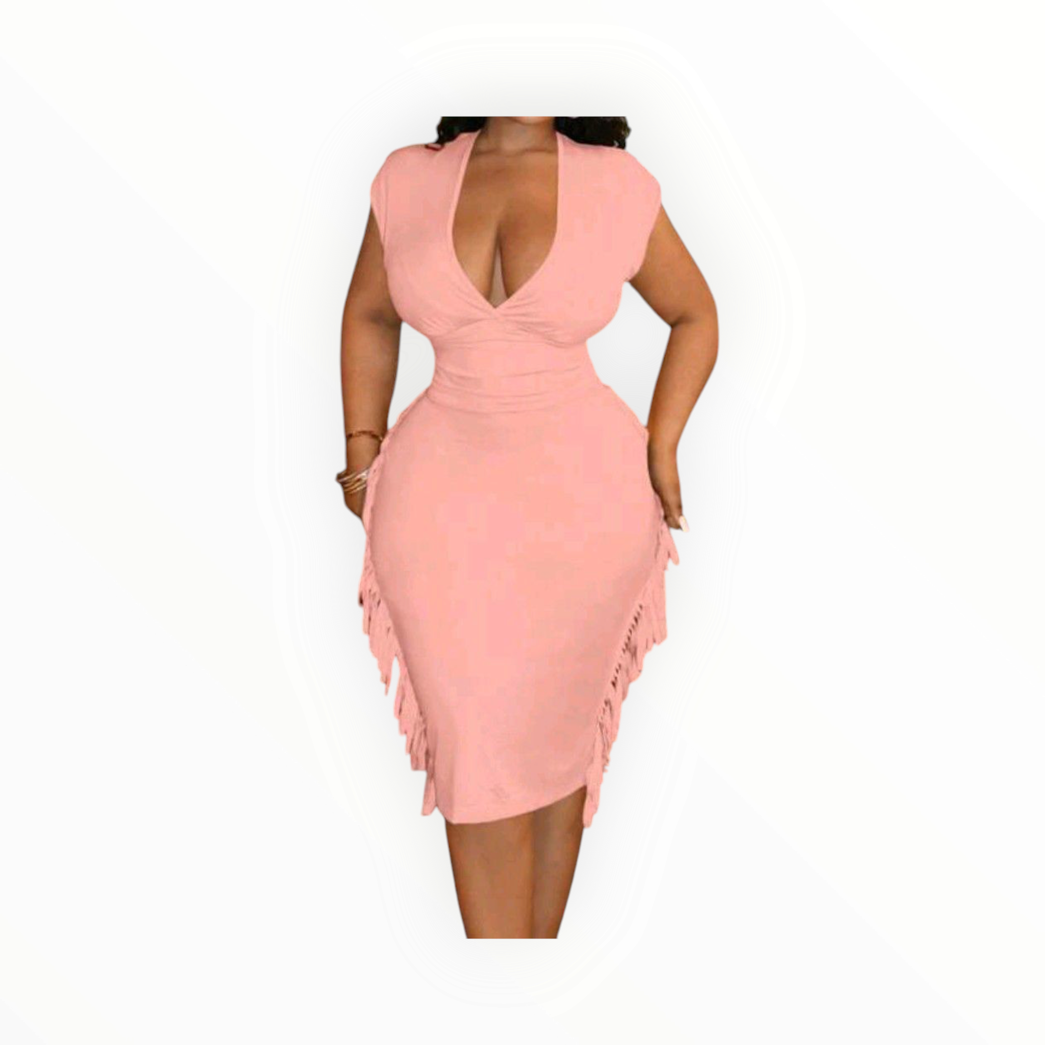 SlayDiva Plus Size Fringe Patchwork Dress – Sexy V-Neck Bodycon for Special Events