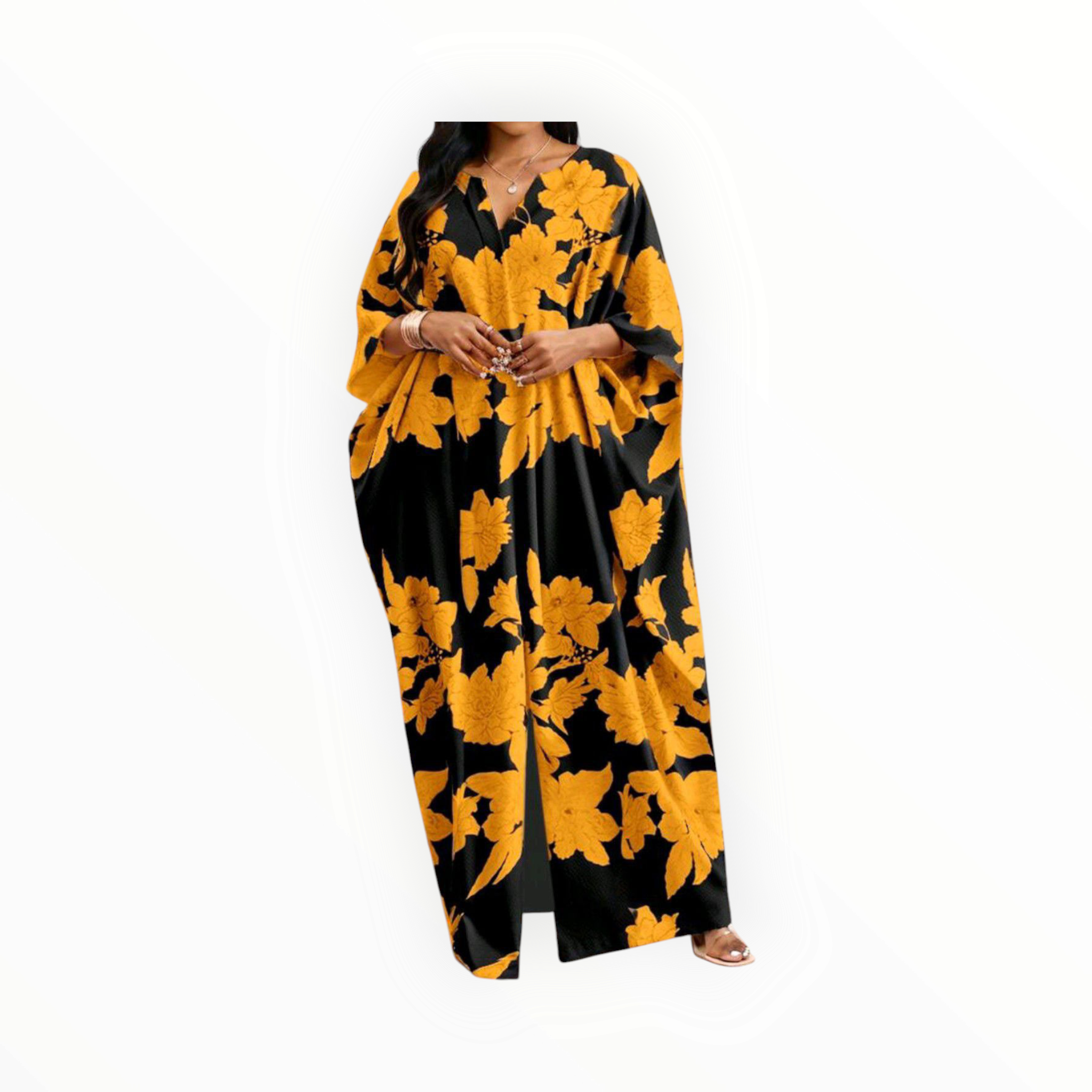 Golden Elegance Plus Size V-Neck Tunic Dress – Lightweight, Stylish & Effortlessly Chic