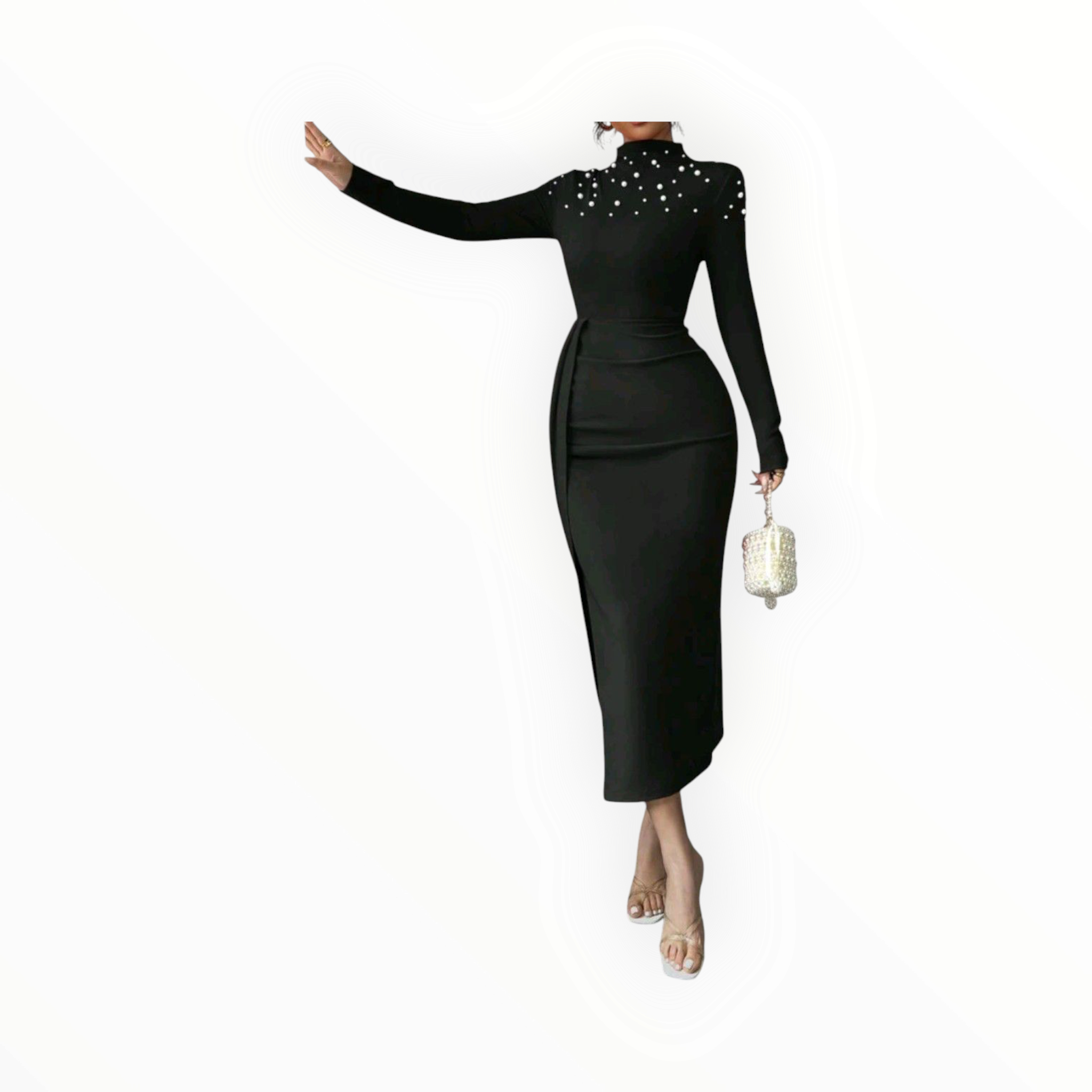 Elenzga Handmade Beaded Pleated Split Hem Midi Dress – Elegant, Sophisticated & Perfect for Evening Glam