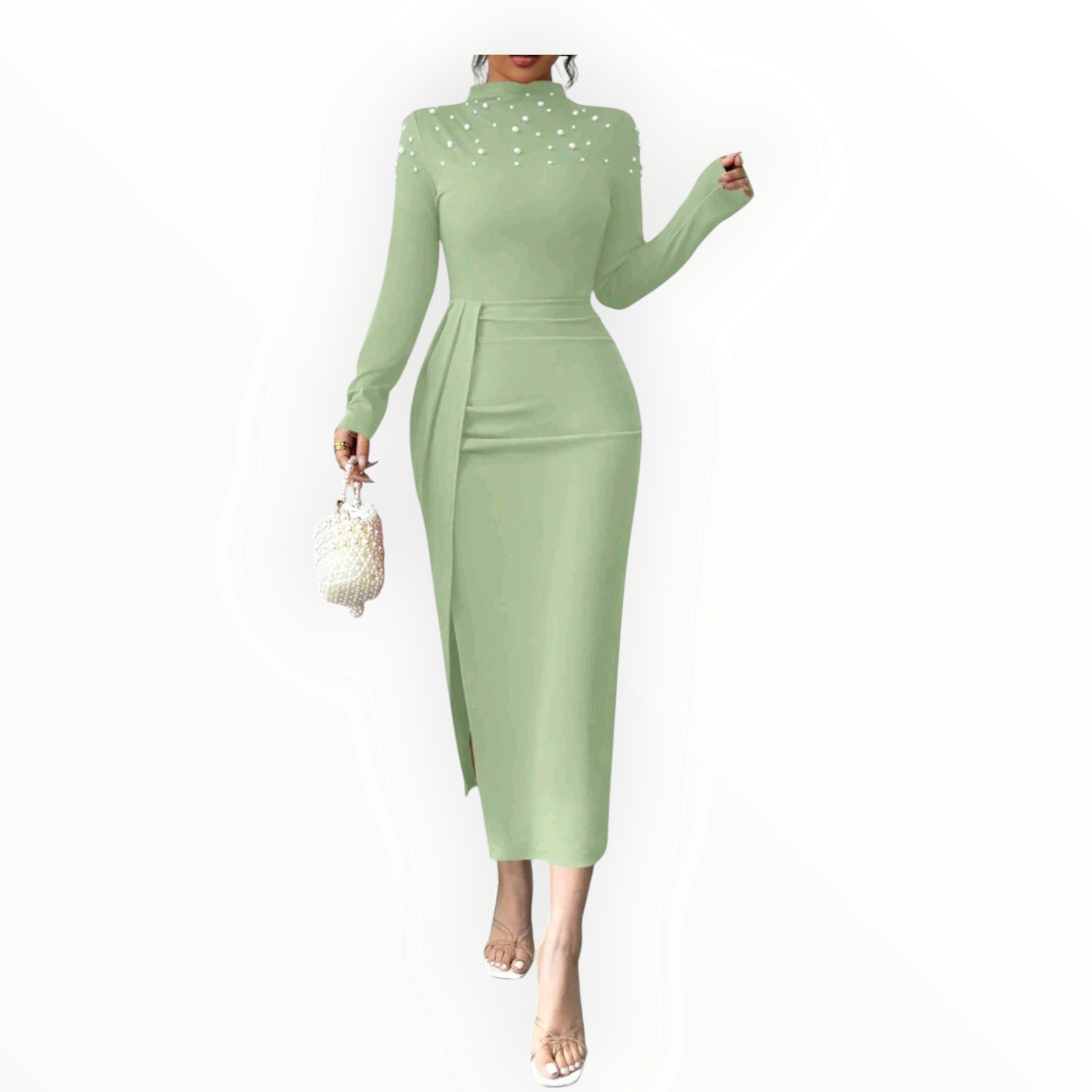 Elenzga Handmade Beaded Pleated Split Hem Midi Dress – Elegant, Sophisticated & Perfect for Evening Glam