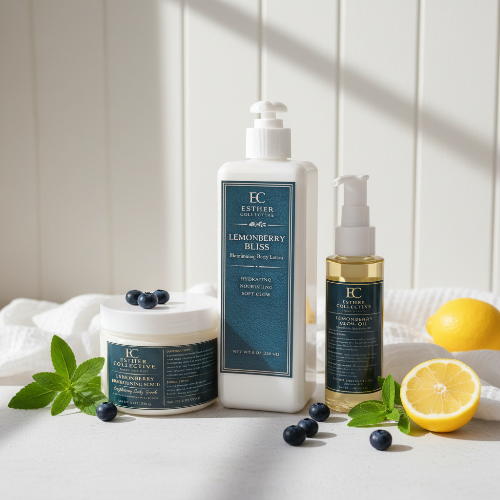 Lemon Blueberry Glow Routine – Brightening Body Scrub, Hydrating Lotion & Glow Body Oil | 3-Step Radiant Skin Set by Esther Collective store