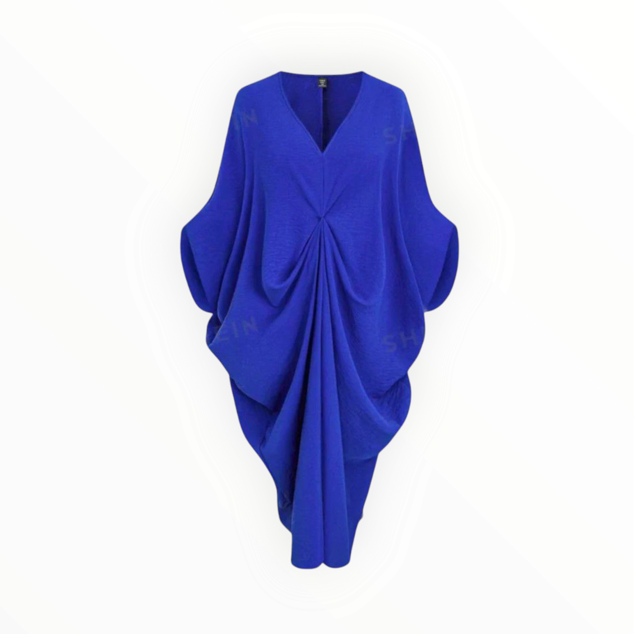 GraceFlow Plus Size Batwing Ruched Dress – Elegant Blue & Yellow Curve-Hugging Style