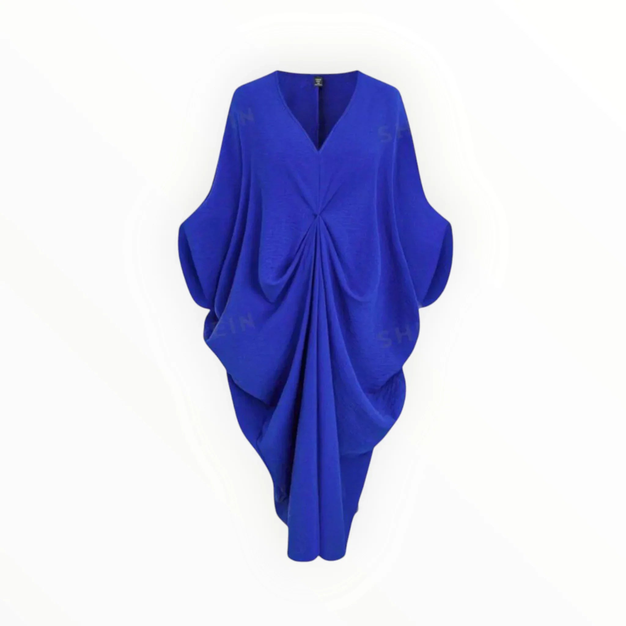 GraceFlow Plus Size Batwing Ruched Dress – Elegant Blue & Yellow Curve-Hugging Style by Esther Collective store