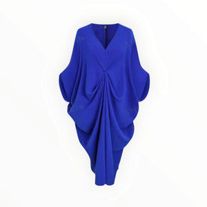 GraceFlow Plus Size Batwing Ruched Dress – Elegant Blue & Yellow Curve-Hugging Style by Esther Collective store