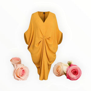 GraceFlow Plus Size Batwing Ruched Dress – Elegant Blue & Yellow Curve-Hugging Style by Esther Collective store