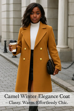 Camel Double-Breasted Elegant Winter Coat - Esther Collective store