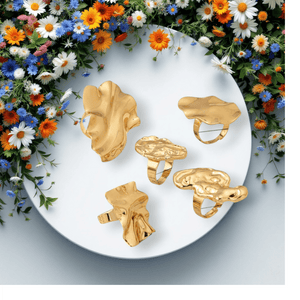 5-Piece Bold Abstract Gold Statement Ring Set – Chunky Wrinkled Metal Stacking Rings for Women by Esther Collective store