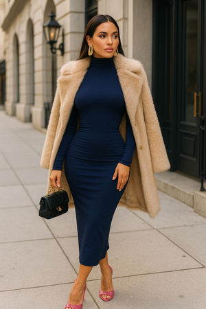 High Neck Long Sleeve Bodycon Ruched Midi Dress by Esther Collective store