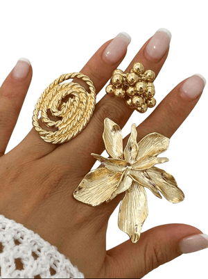 3-Piece Bold Gold Statement Ring Set – Oversized Floral, Spiral, & Beaded Pattern Rings by Esther Collective store