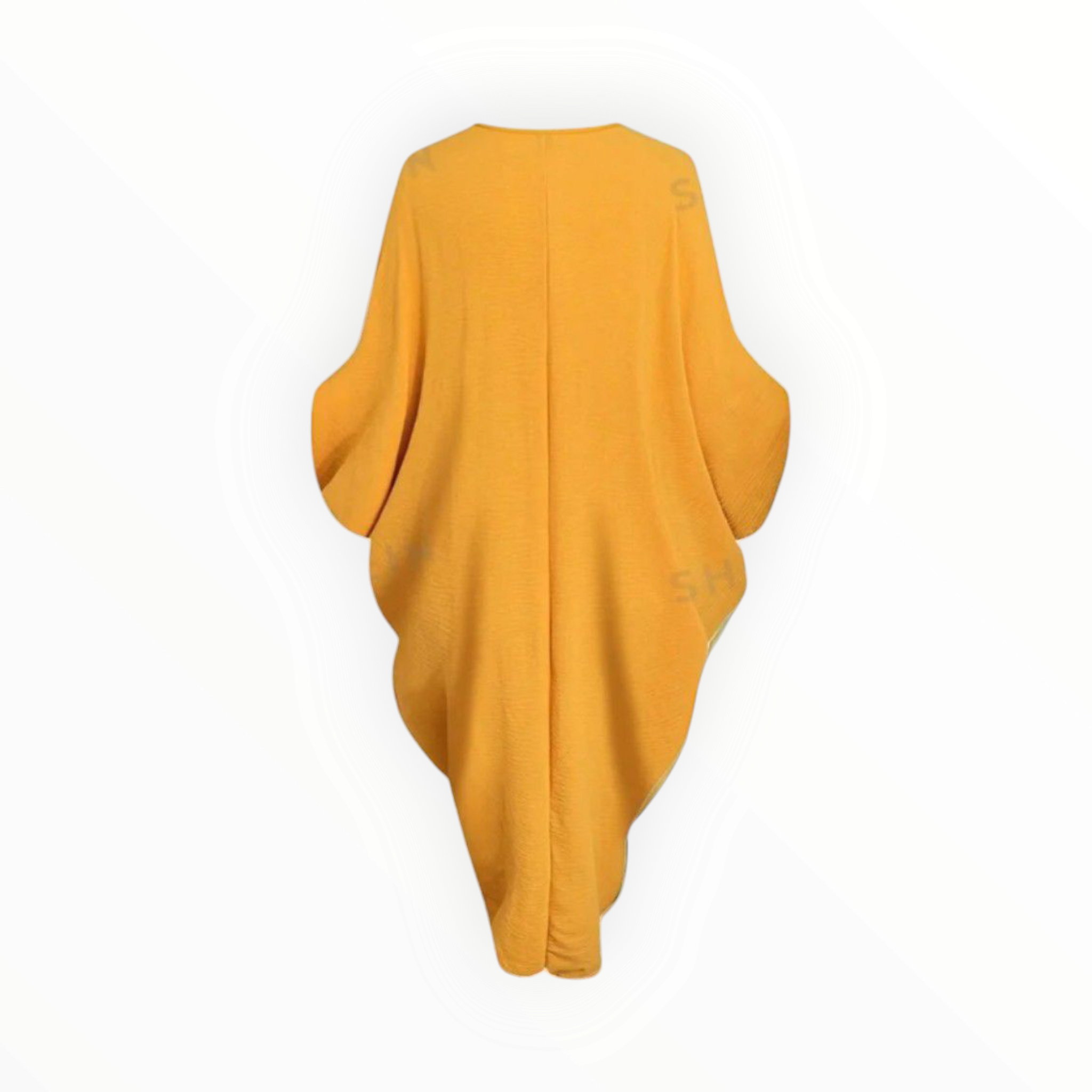 GraceFlow Plus Size Batwing Ruched Dress – Elegant Blue & Yellow Curve-Hugging Style