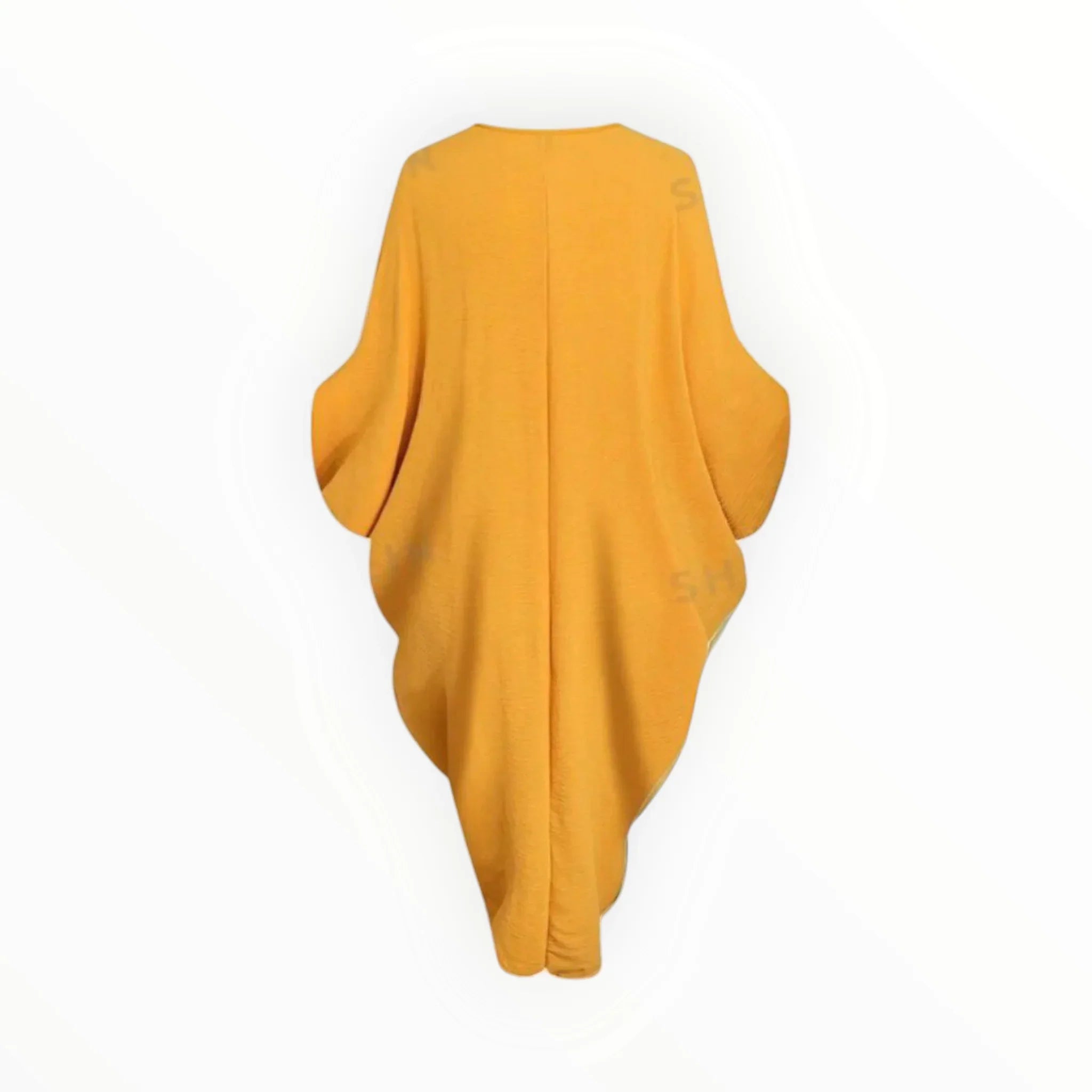 GraceFlow Plus Size Batwing Ruched Dress – Elegant Blue & Yellow Curve-Hugging Style by Esther Collective store