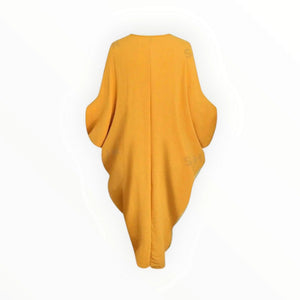 GraceFlow Plus Size Batwing Ruched Dress – Elegant Blue & Yellow Curve-Hugging Style by Esther Collective store