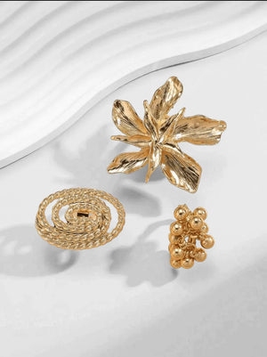 3-Piece Bold Gold Statement Ring Set – Floral, Spiral & Beaded - Esther Collective store