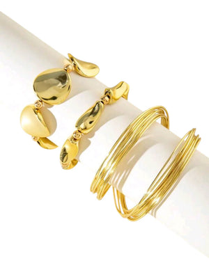 3-Piece Bold Gold Geometric Bracelet Set – Chunky Wire Hoop & Asymmetrical Beaded Cuff Jewelry - Esther Collective store