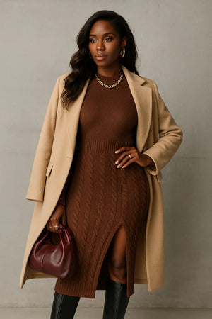 Chocolate Brown Cable-Knit Long Sleeve Sweater Dress - Esther Collective store