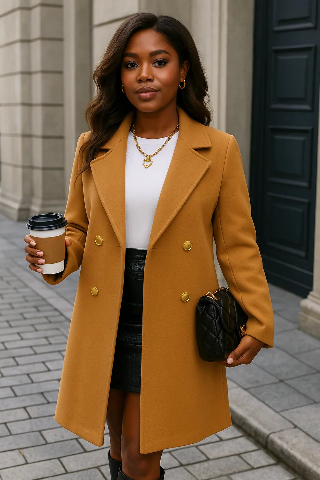 Camel Double-Breasted Elegant Winter Coat - Esther Collective store