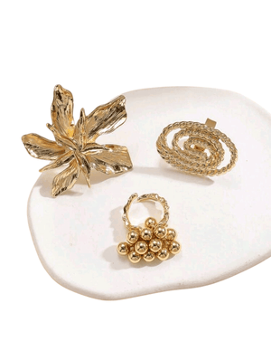 3-Piece Bold Gold Statement Ring Set – Oversized Floral, Spiral, & Beaded Pattern Rings by Esther Collective store