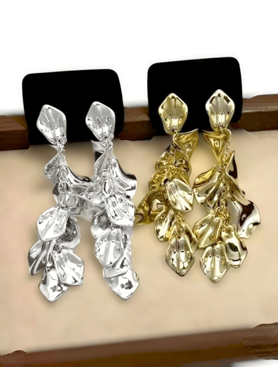 Bold Metallic Leaf Drop Earrings – Gold & Silver Statement Dangles by Esther Collective store