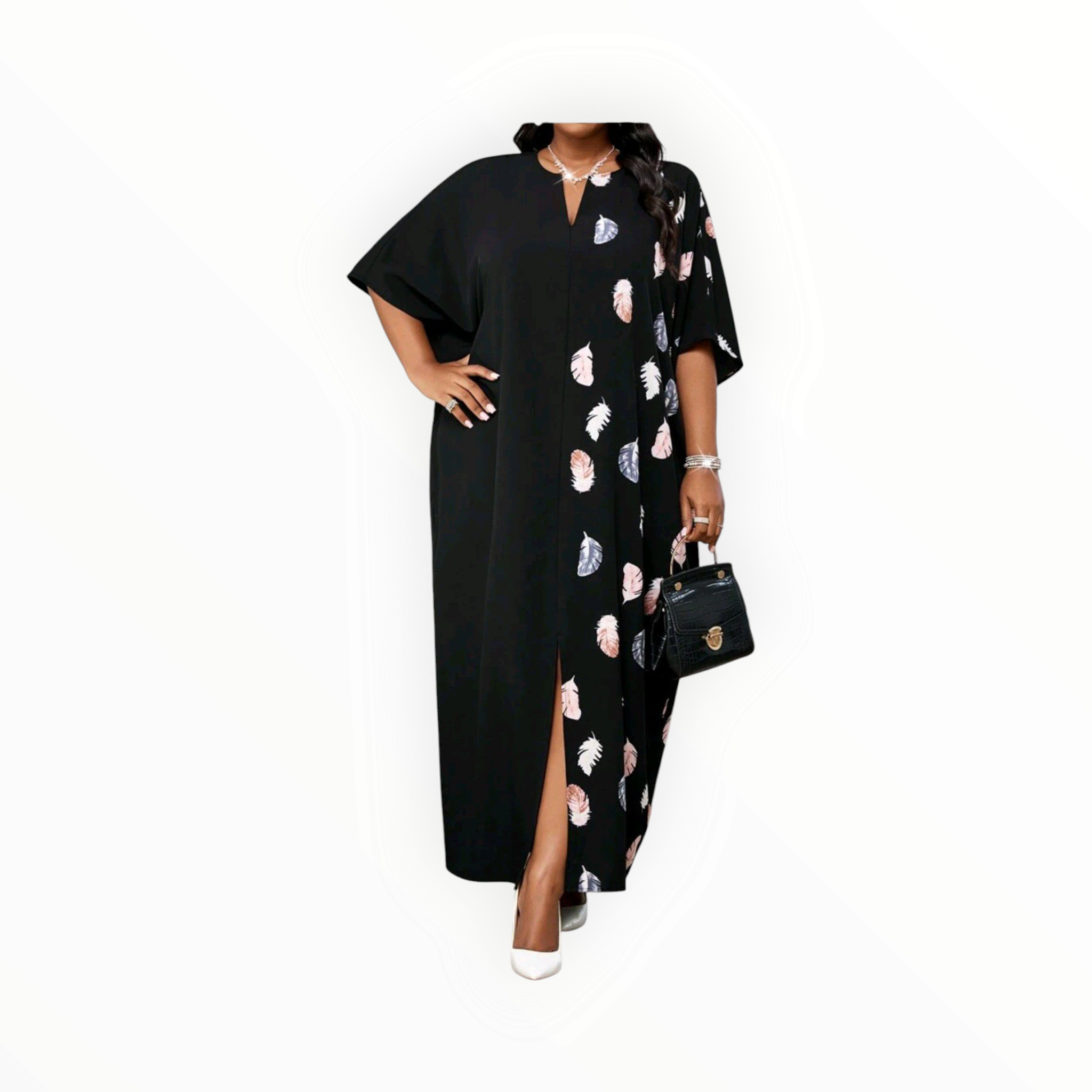 Feather Elegance Plus Size V-Neck Maxi Dress – Flowy, Comfortable & Stylish for Curvy Women