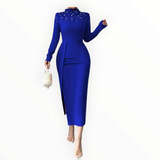 Elenzga Handmade Beaded Pleated Split Hem Midi Dress – Elegant, Sophisticated & Perfect for Evening Glam