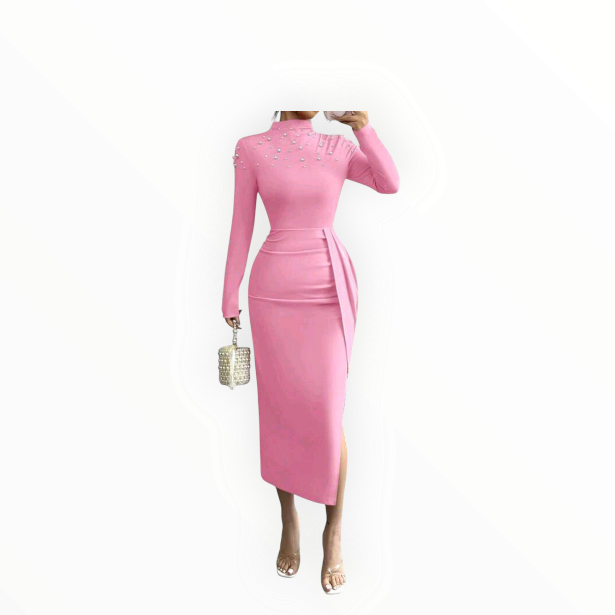 Elenzga Handmade Beaded Pleated Split Hem Midi Dress – Elegant, Sophisticated & Perfect for Evening Glam