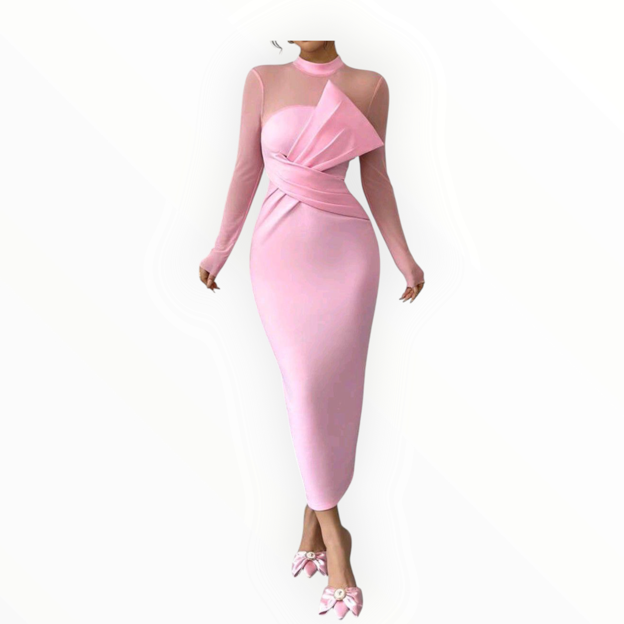 Elenzga Pink Elegant Mesh Splice Midi Dress – Chic, Sultry & Perfect for Special Events