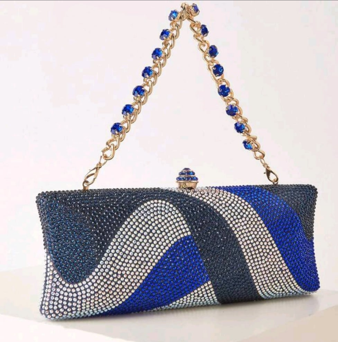 Glam Luxe Rhinestone Box Handbag – Elegant Blue Evening Clutch Purse for Weddings, Proms & Parties