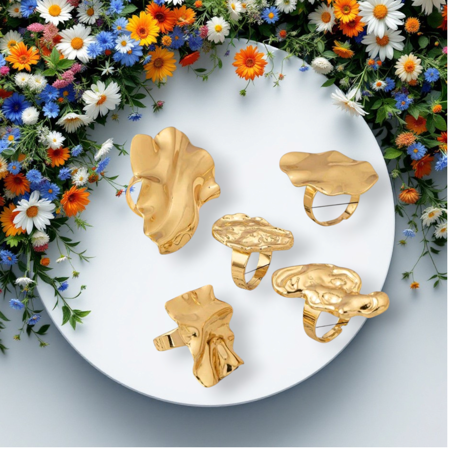 5-Piece Bold Abstract Gold Statement Ring Set – Chunky Wrinkled Metal Stacking Rings for Women
