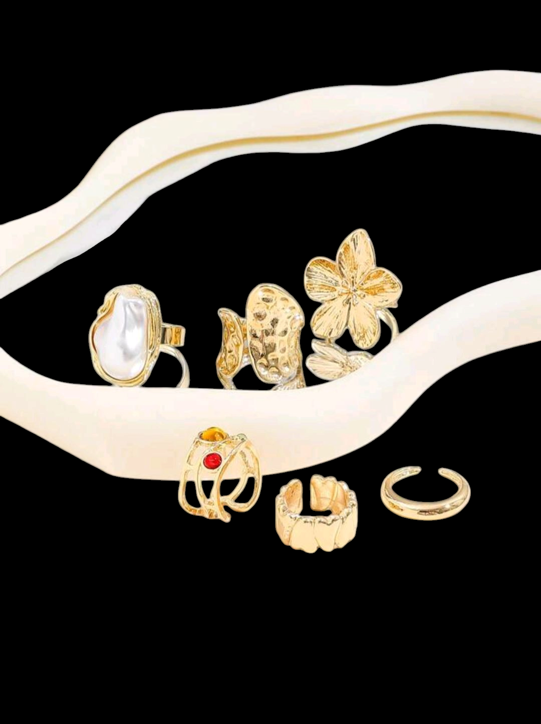 6-Piece Retro Gold Statement Ring Set – Flower, Faux Pearl & Rhinestone Design for Women