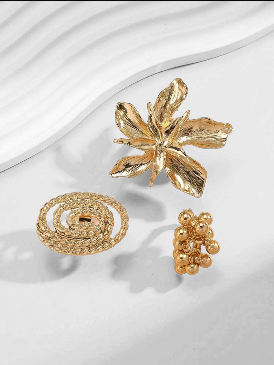 3-Piece Bold Gold Statement Ring Set – Oversized Floral, Spiral, & Beaded Pattern Rings