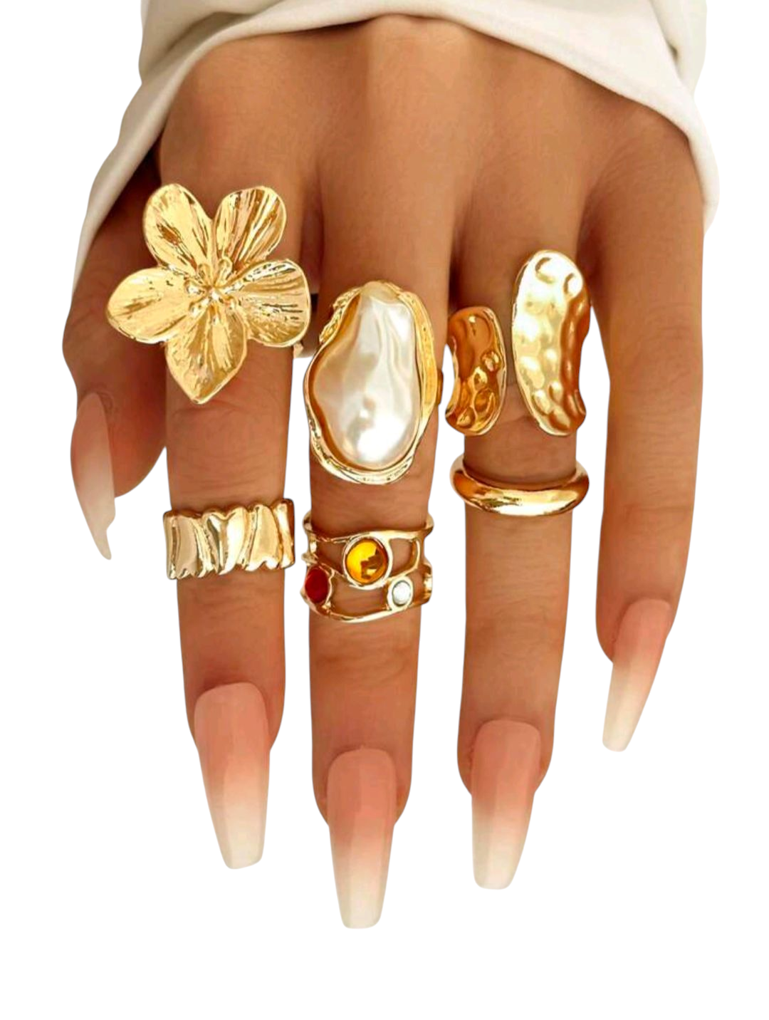 6-Piece Retro Gold Statement Ring Set – Flower, Faux Pearl & Rhinestone Design for Women