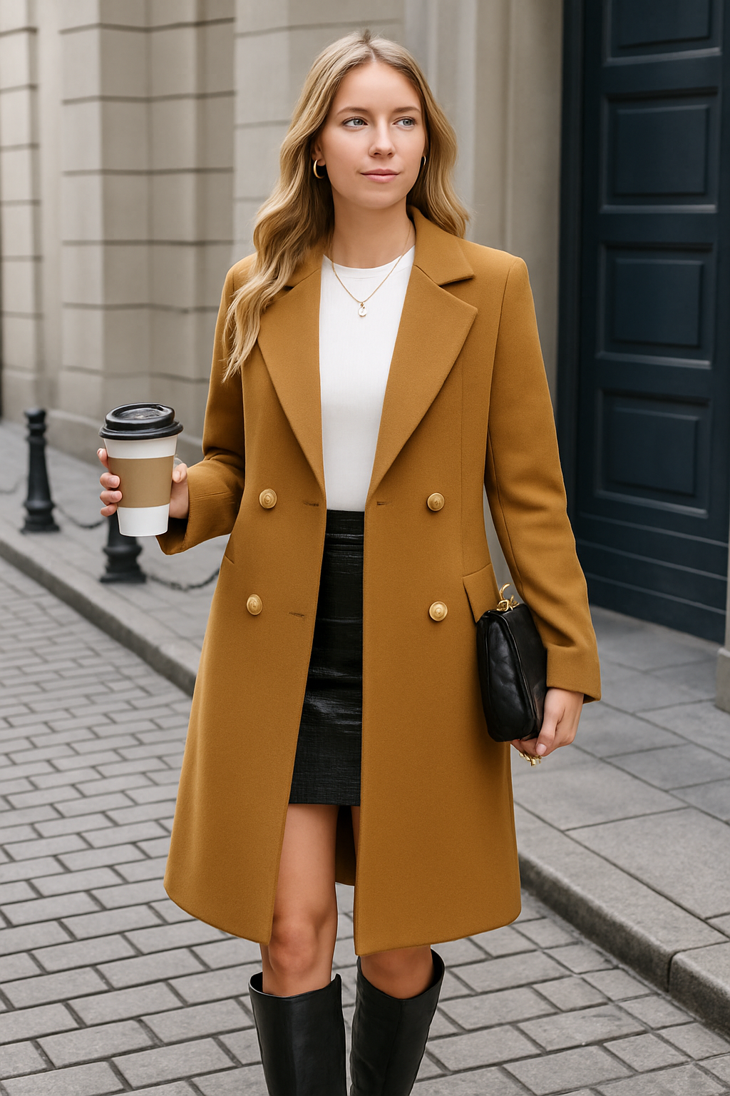 Camel Double-Breasted Elegant Winter Coat by Esther Collective store