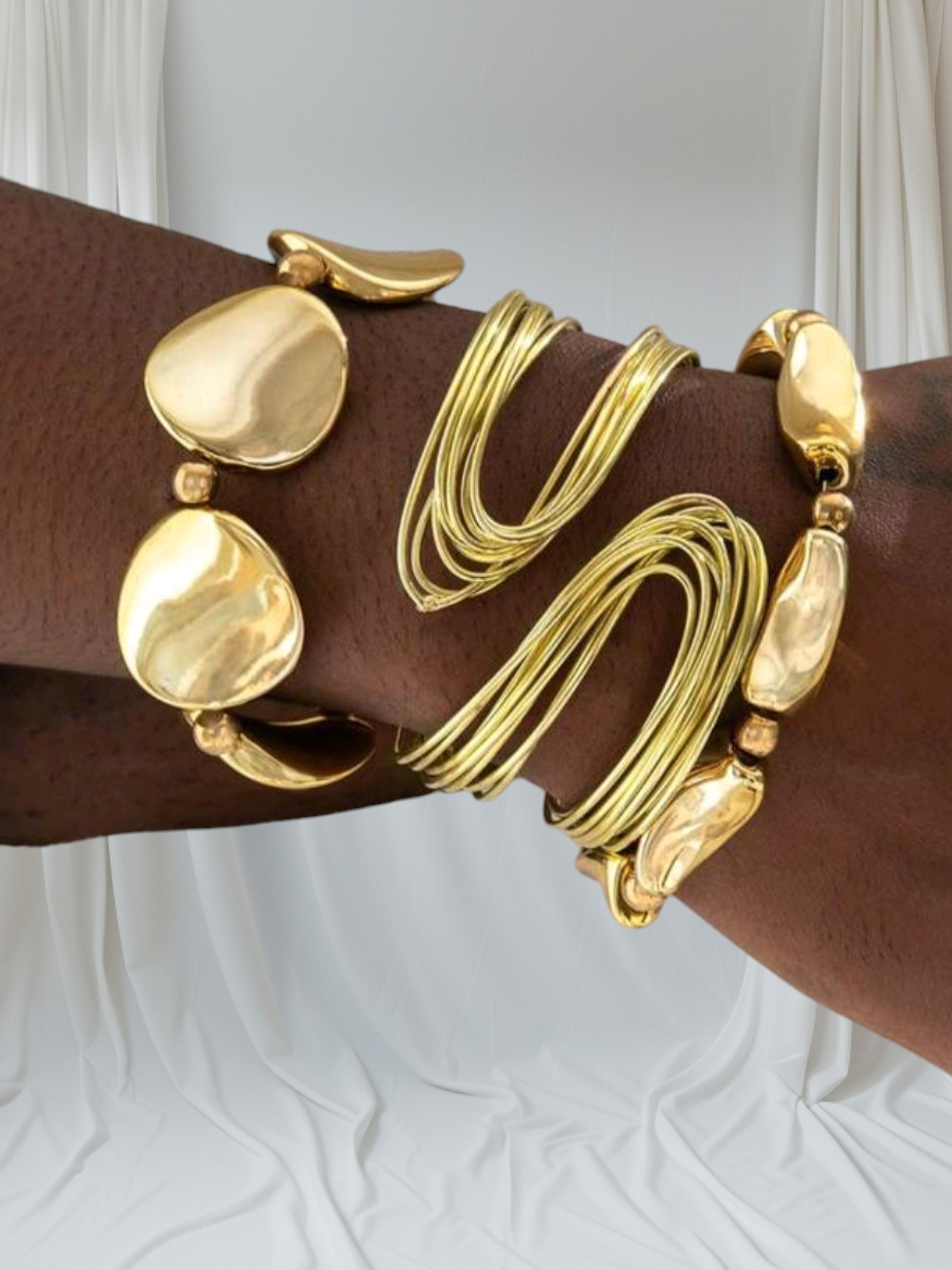 3-Piece Bold Gold Geometric Bracelet Set – Chunky Wire Hoop & Asymmetrical Beaded Cuff Jewelry