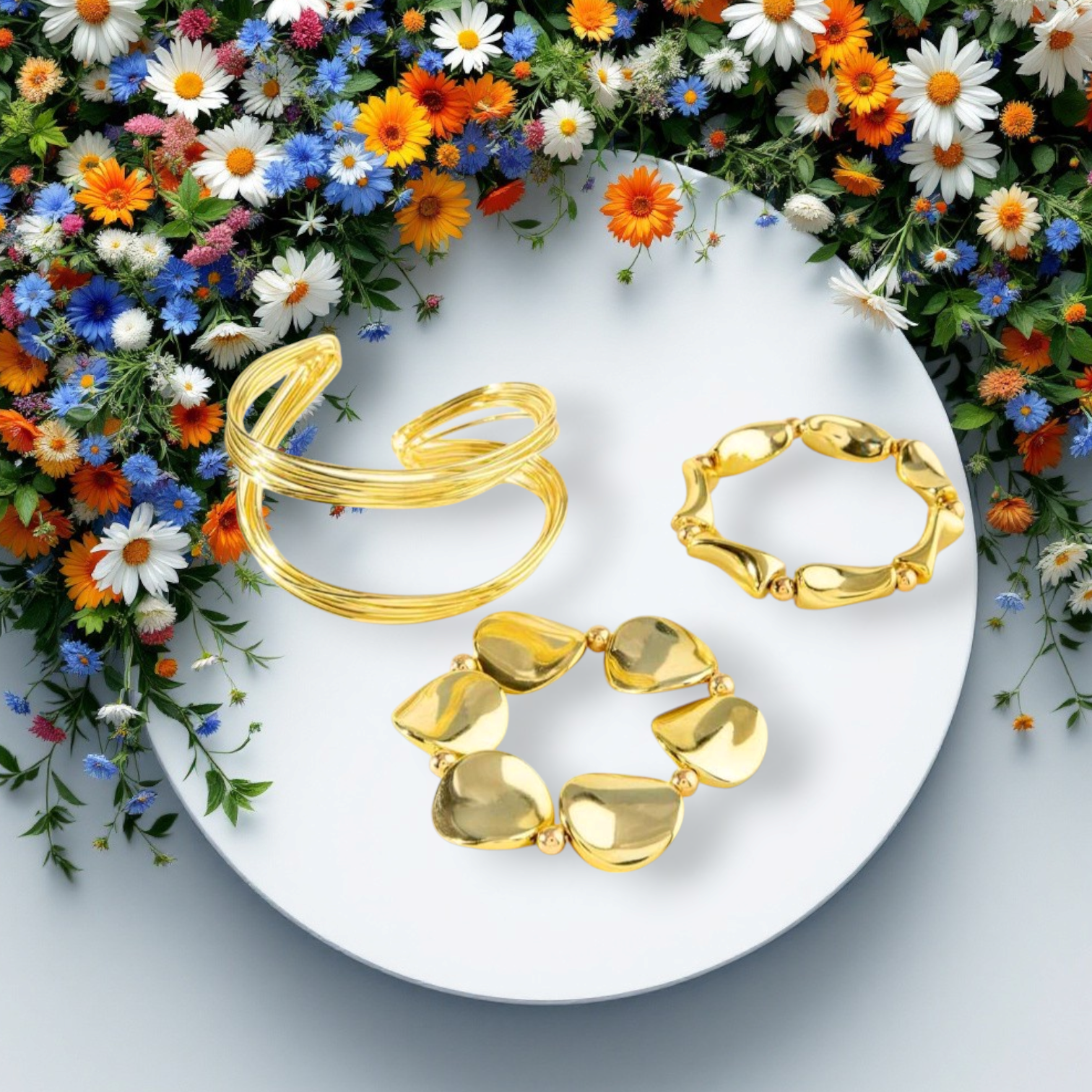 3-Piece Bold Gold Geometric Bracelet Set – Chunky Wire Hoop & Asymmetrical Beaded Cuff Jewelry